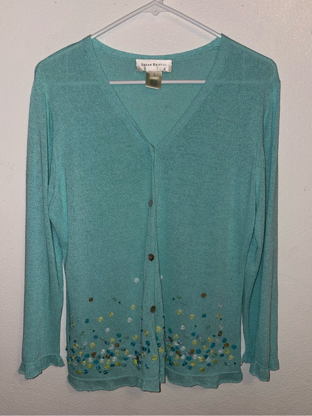 Vintage Susan Bristol Teal Embellished Button-Front Cardigan Size Large